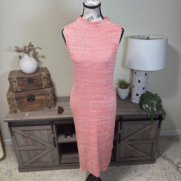 Anthropologie Daily Practice Mock Neck Ribbed Knit Midi Dress Sz M Coral Casual - Picture 2 of 8